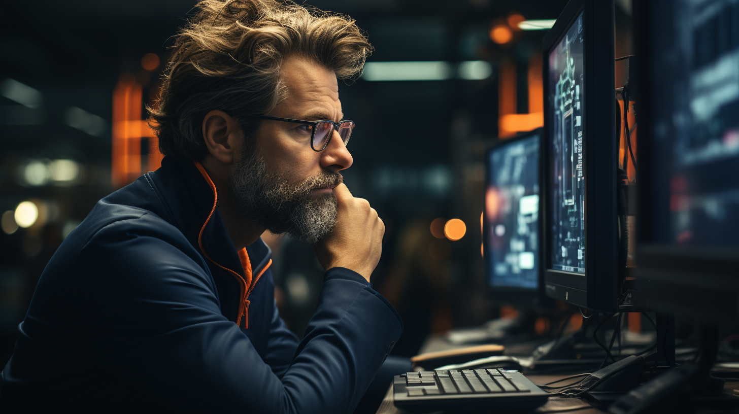 a worker in a manufacturing plant thinking, looking at a computer