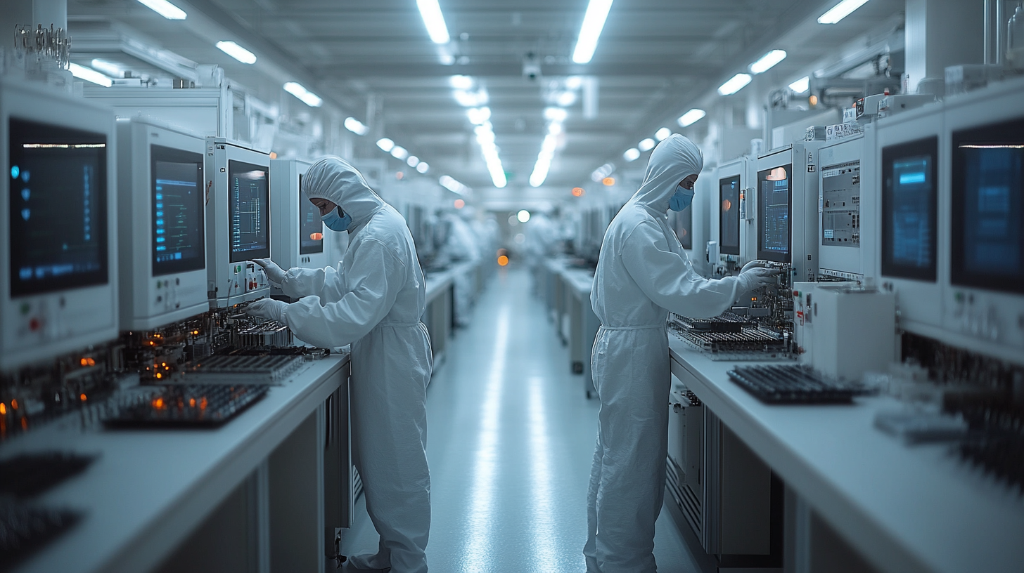 semiconductor fabricator with two workers in white cleansuits working